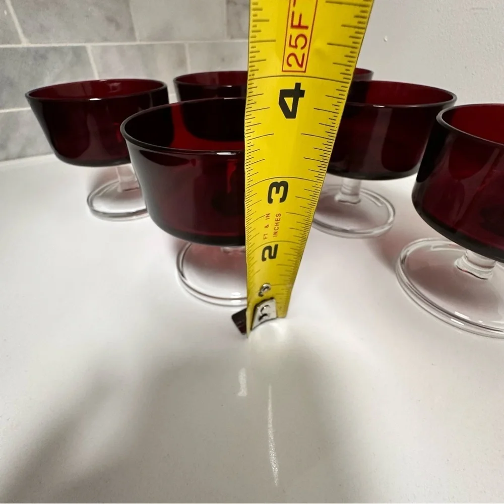 6 Vintage MCM Ruby Red Arcoroc Dessert Sorbet Cups Clear Stem Holiday Best EUC